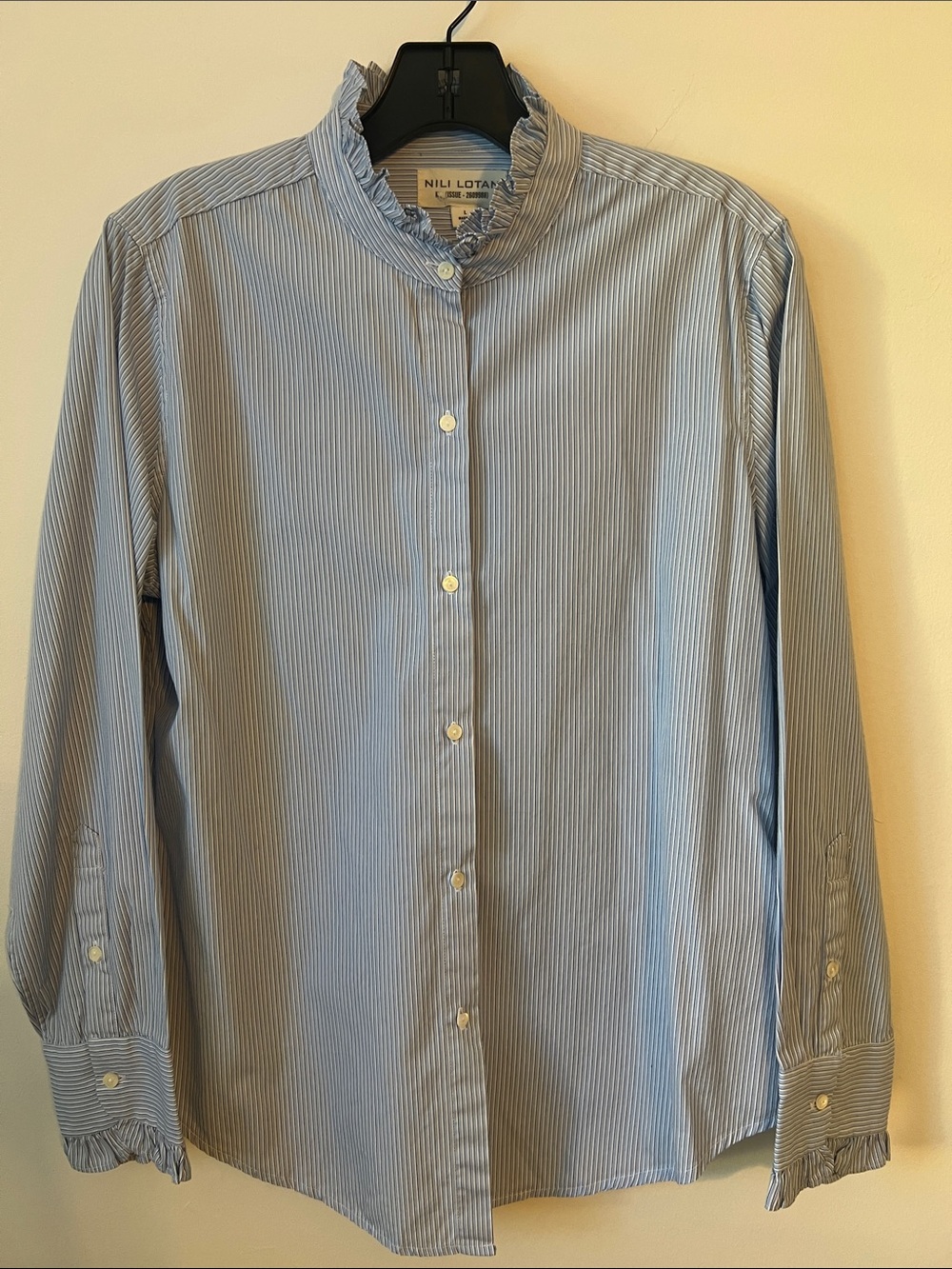 Nili Lotan Light Blue Striped Ruffle-Neck Button Shirt